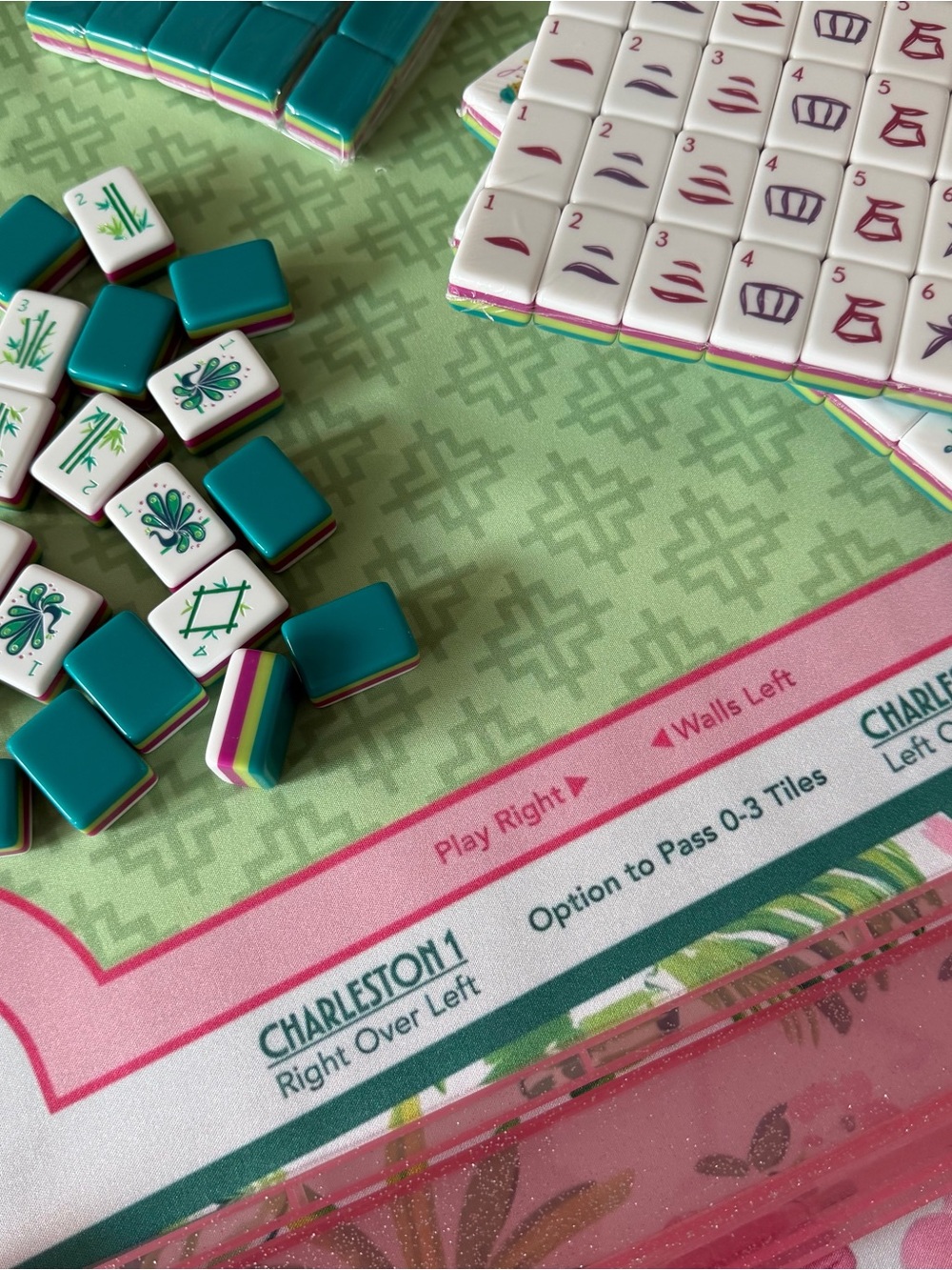American Mahjong Pink Tropical Set - tiles, mat, racks, shuffle cards - Picture 14 of 16